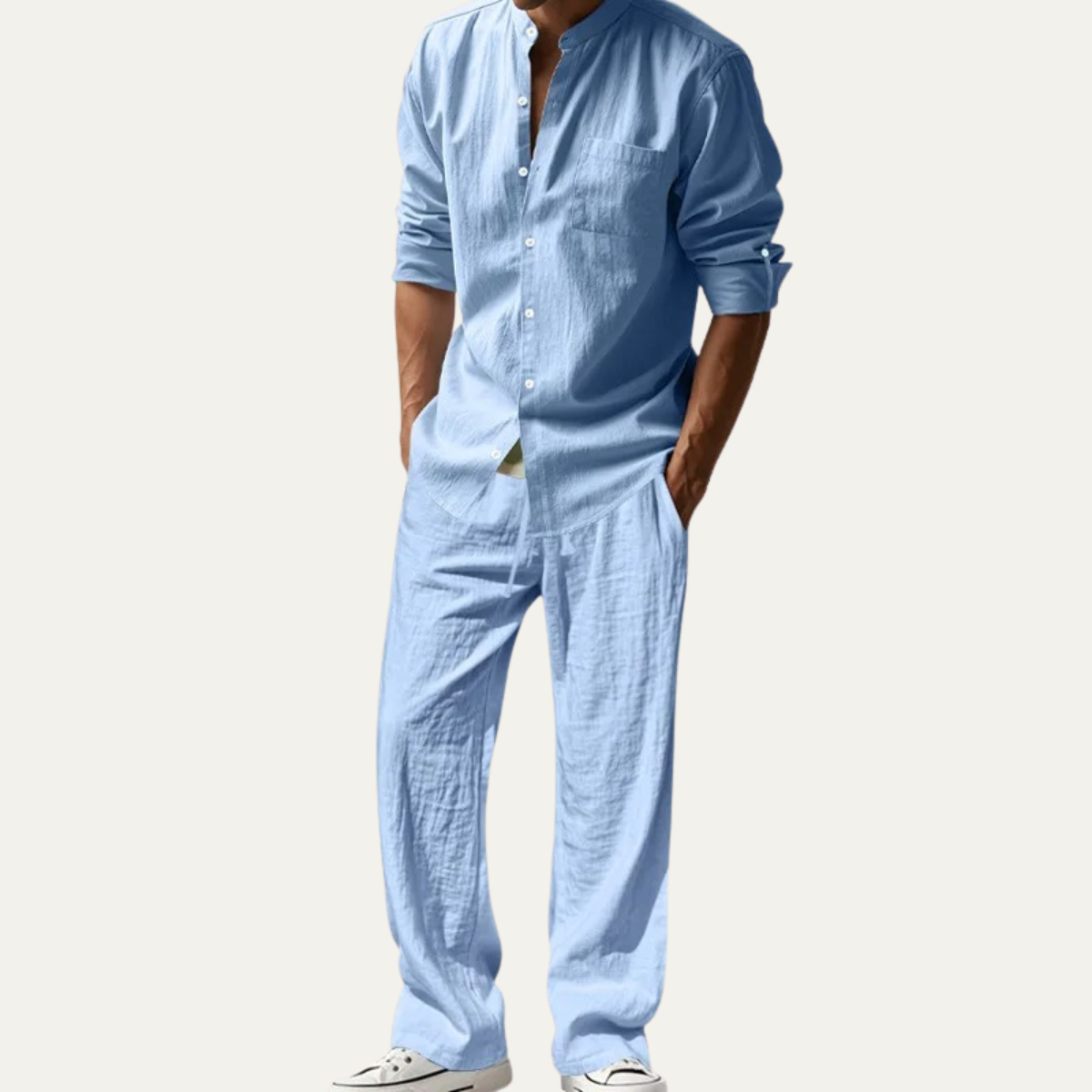 Herren Set Leinen Lockere Passform Langarm Knopfleiste