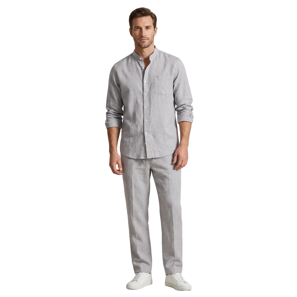 Herren Set Leinen Lockere Passform Langarm Knopfleiste