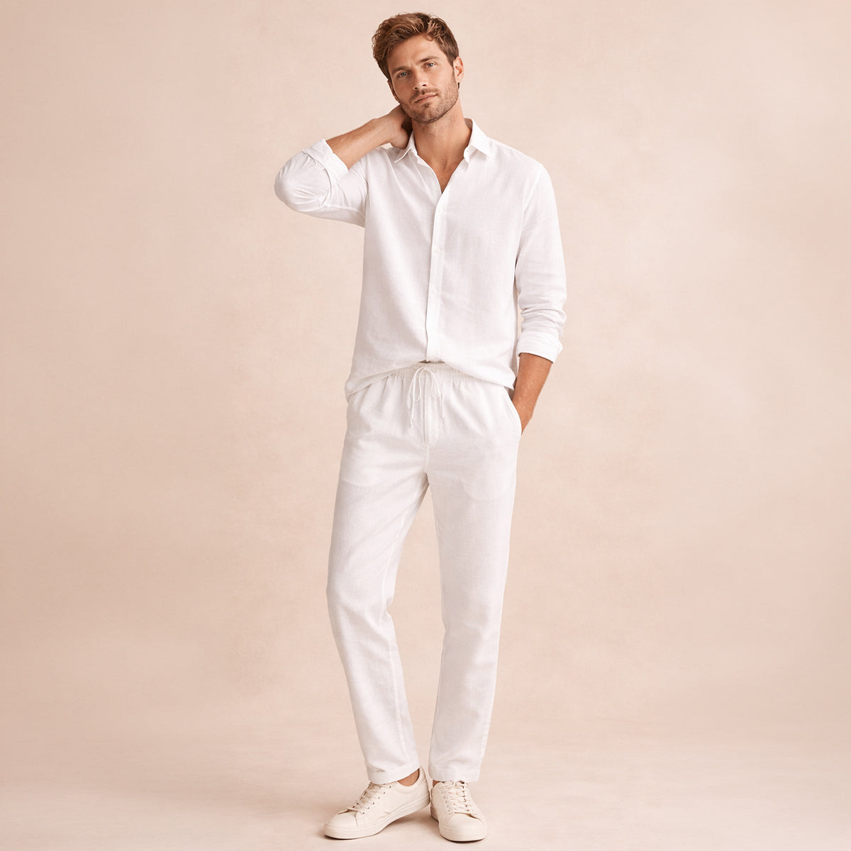 Herren Set Leinen Taillierte Passform Langarm Knopfleiste