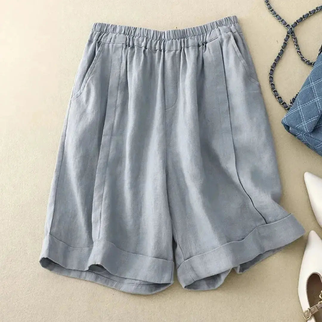 Leinen Shorts Damen Elastischer Bund Umschlag Saum Lockere Passform