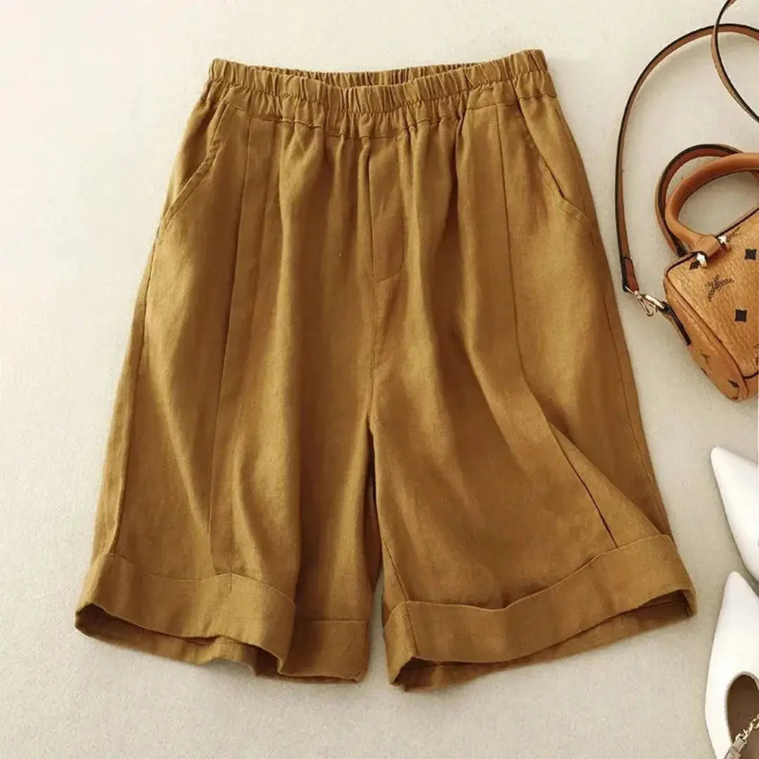 Leinen Shorts Damen Elastischer Bund Umschlag Saum Lockere Passform