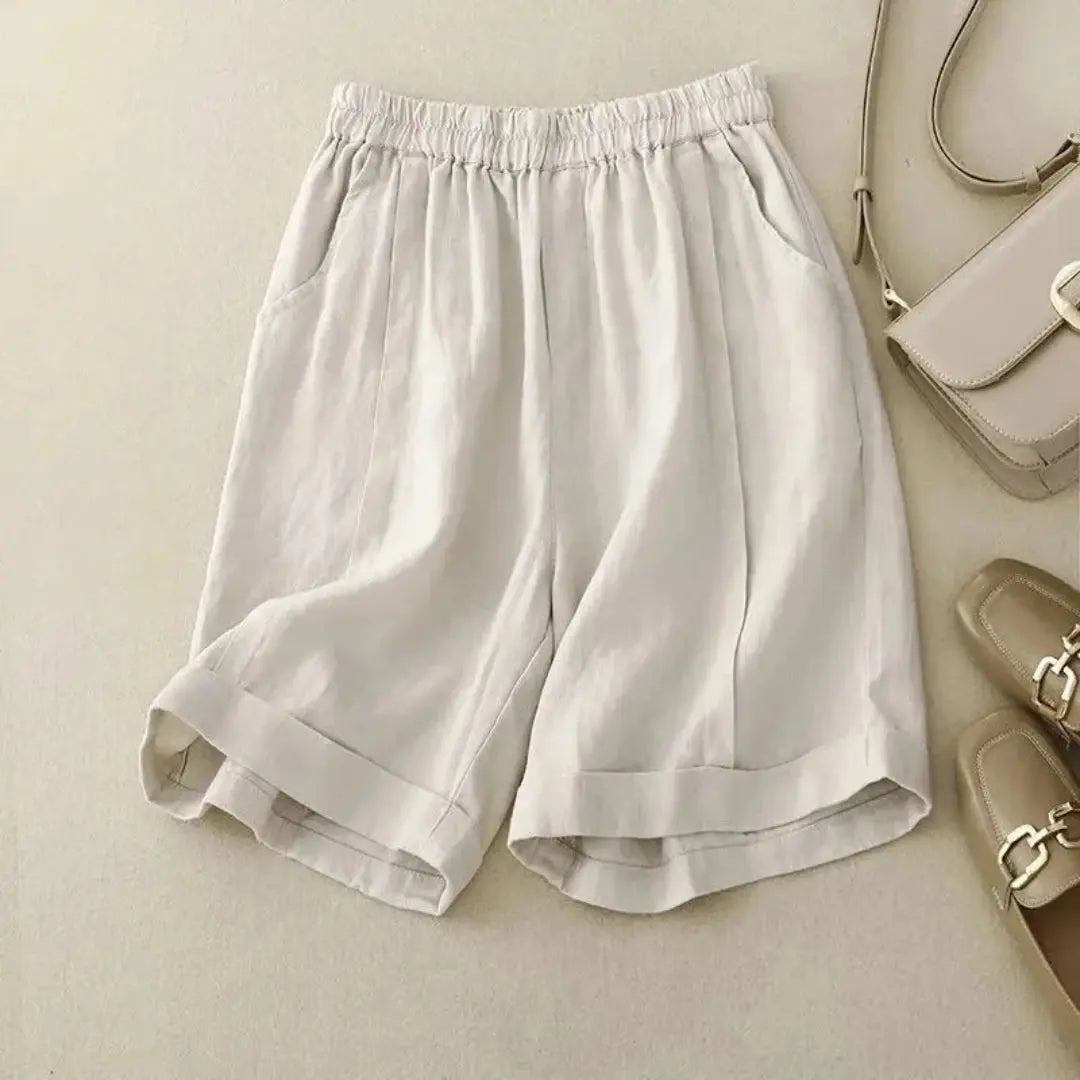 Leinen Shorts Damen Elastischer Bund Umschlag Saum Lockere Passform