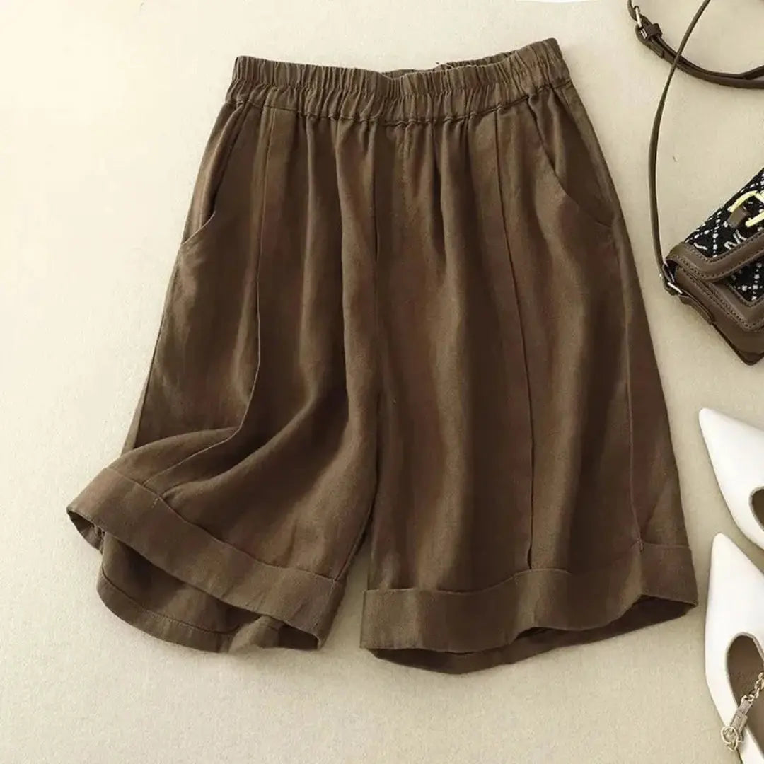 Leinen Shorts Damen Elastischer Bund Umschlag Saum Lockere Passform