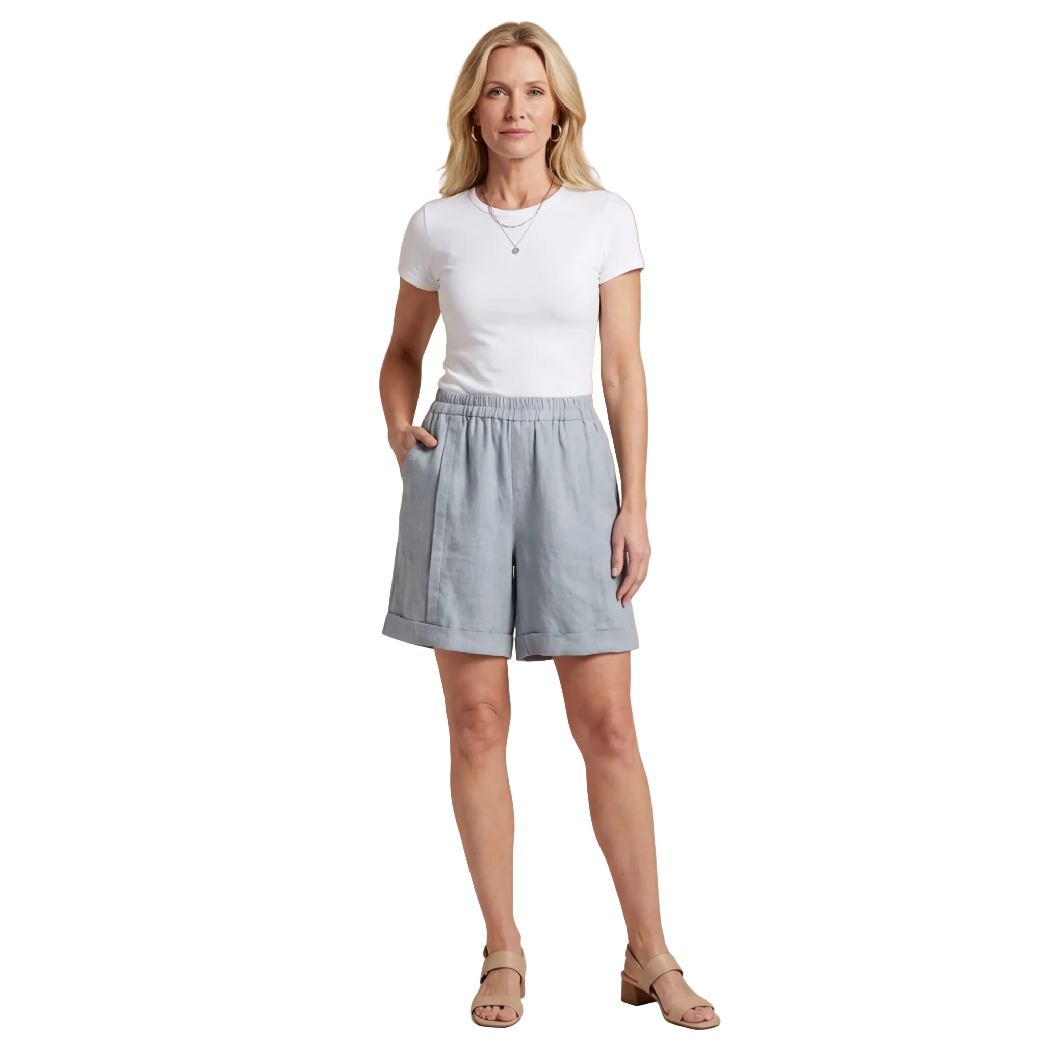 Leinen Shorts Damen Elastischer Bund Umschlag Saum Lockere Passform