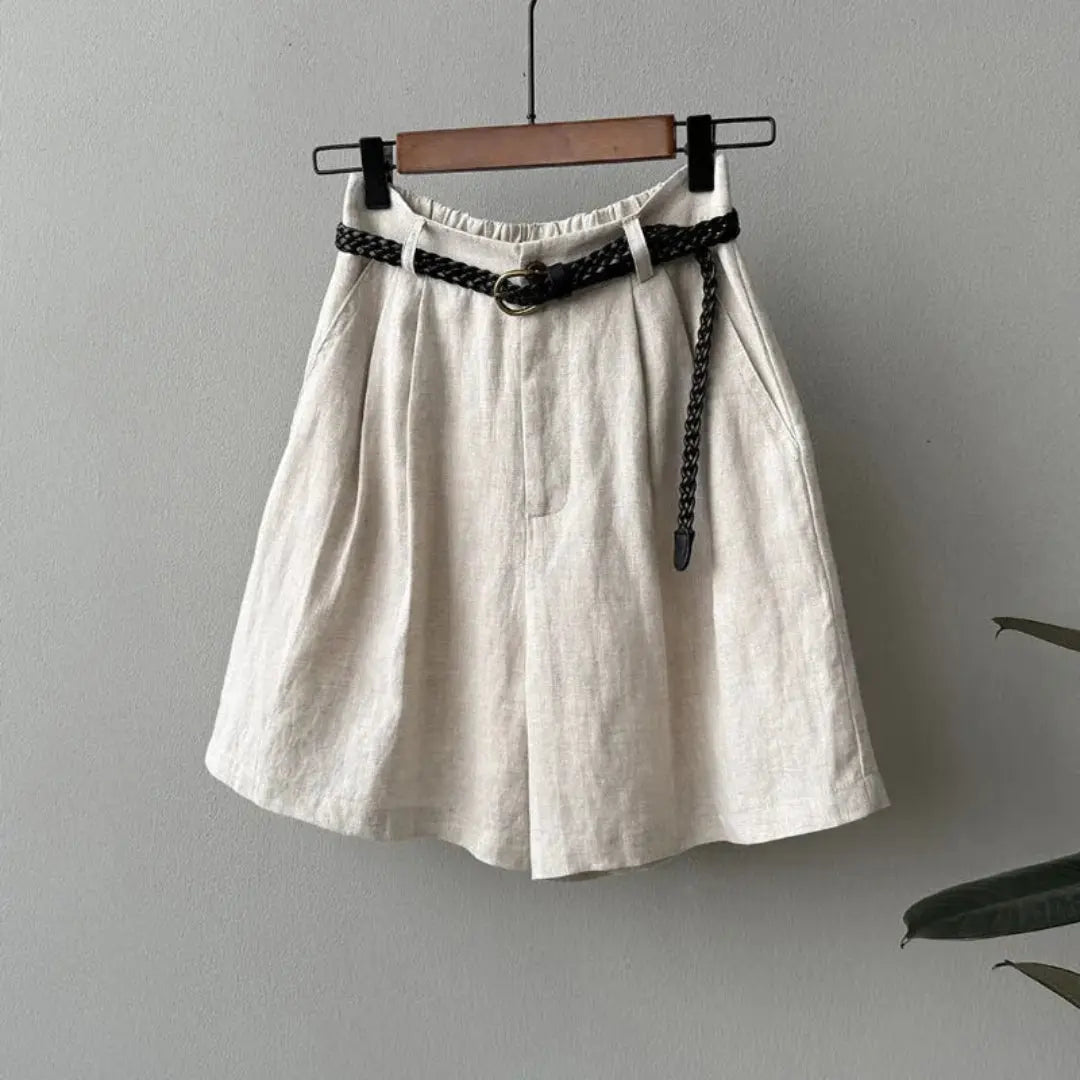 Leinen Shorts Damen Hoher Bund Falten Gürtel Elastischer Bund