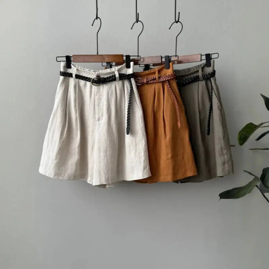 Leinen Shorts Damen Hoher Bund Falten Gürtel Elastischer Bund