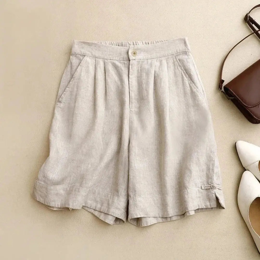 Leinen Shorts Damen Hoher Bund Knopfverschluss Gürtelschlaufen