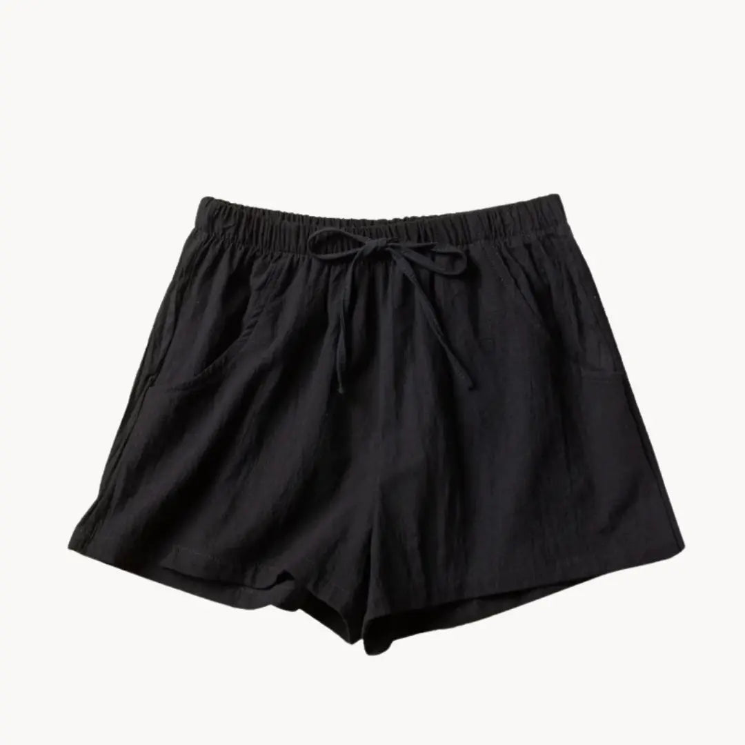 Leinen Shorts Damen Hoher Bund Kordelzug Schraege Taschen