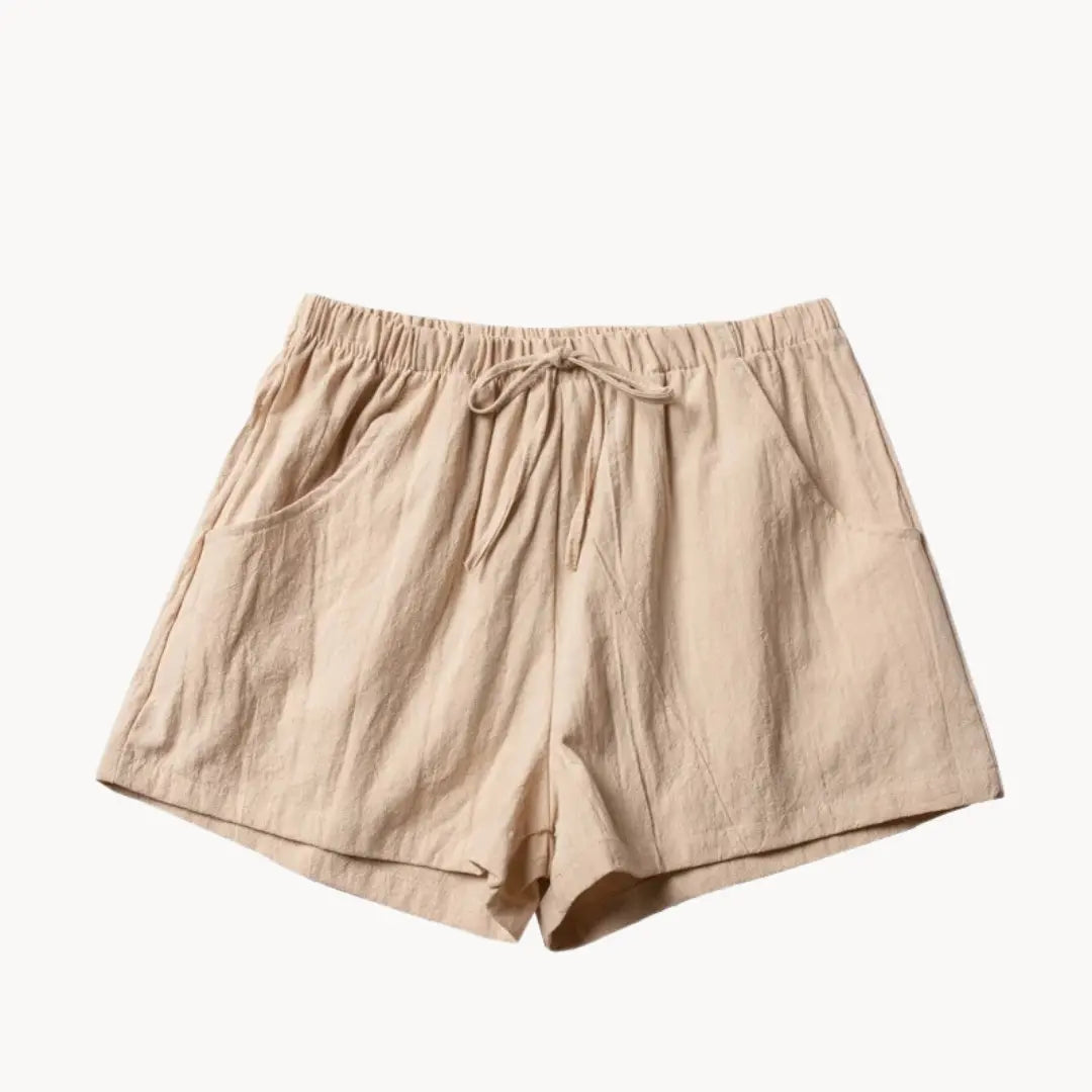 Leinen Shorts Damen Hoher Bund Kordelzug Schraege Taschen