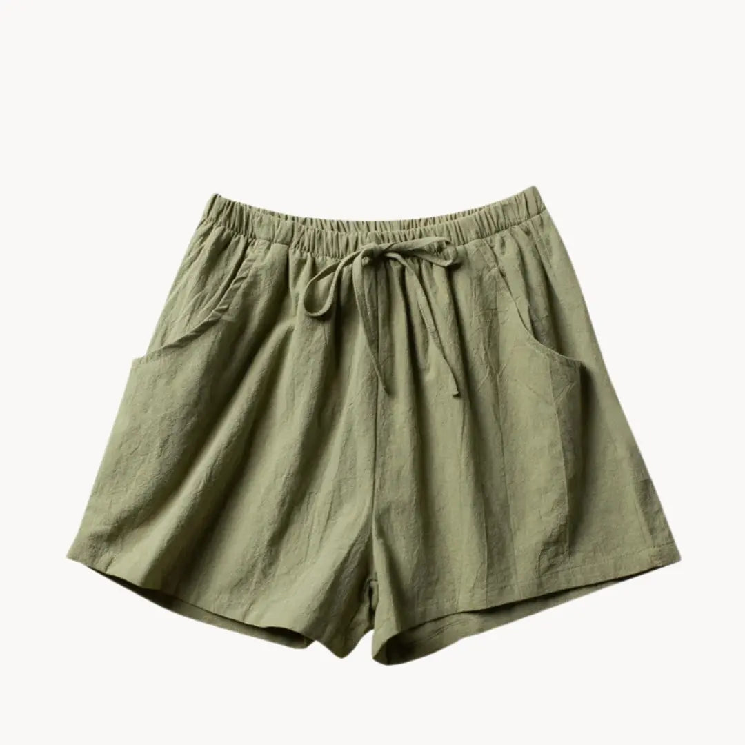 Leinen Shorts Damen Hoher Bund Kordelzug Schraege Taschen