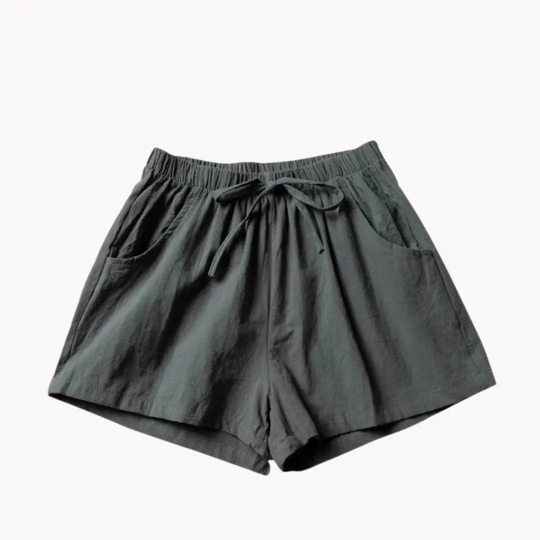 Leinen Shorts Damen Hoher Bund Kordelzug Schraege Taschen