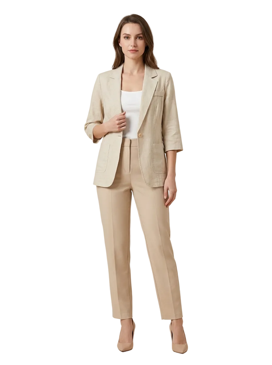Leinenblazer Damen Lockere Passform Dreiviertelarm Knopfverschluss