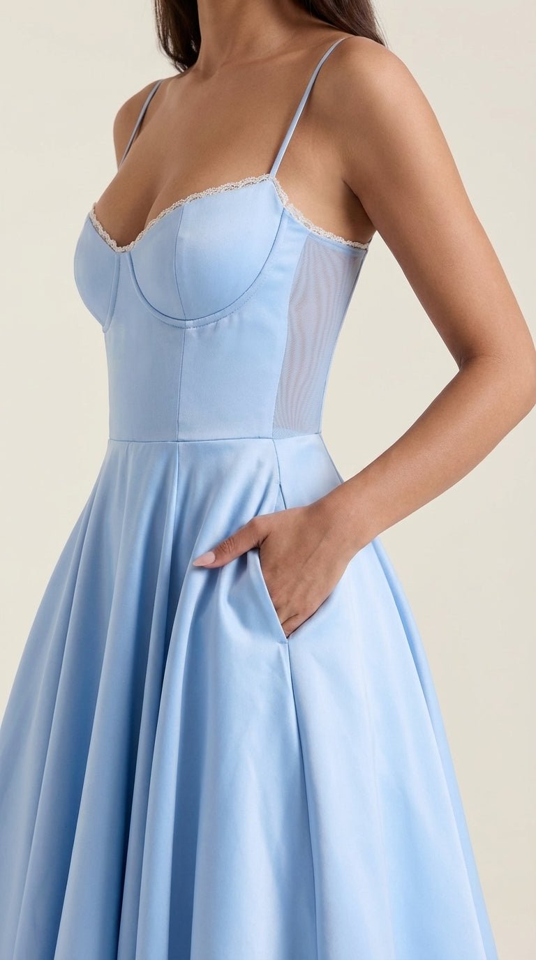 Midikleid Damen Herz-Ausschnitt Spaghettitraeger Anliegendes Oberteil