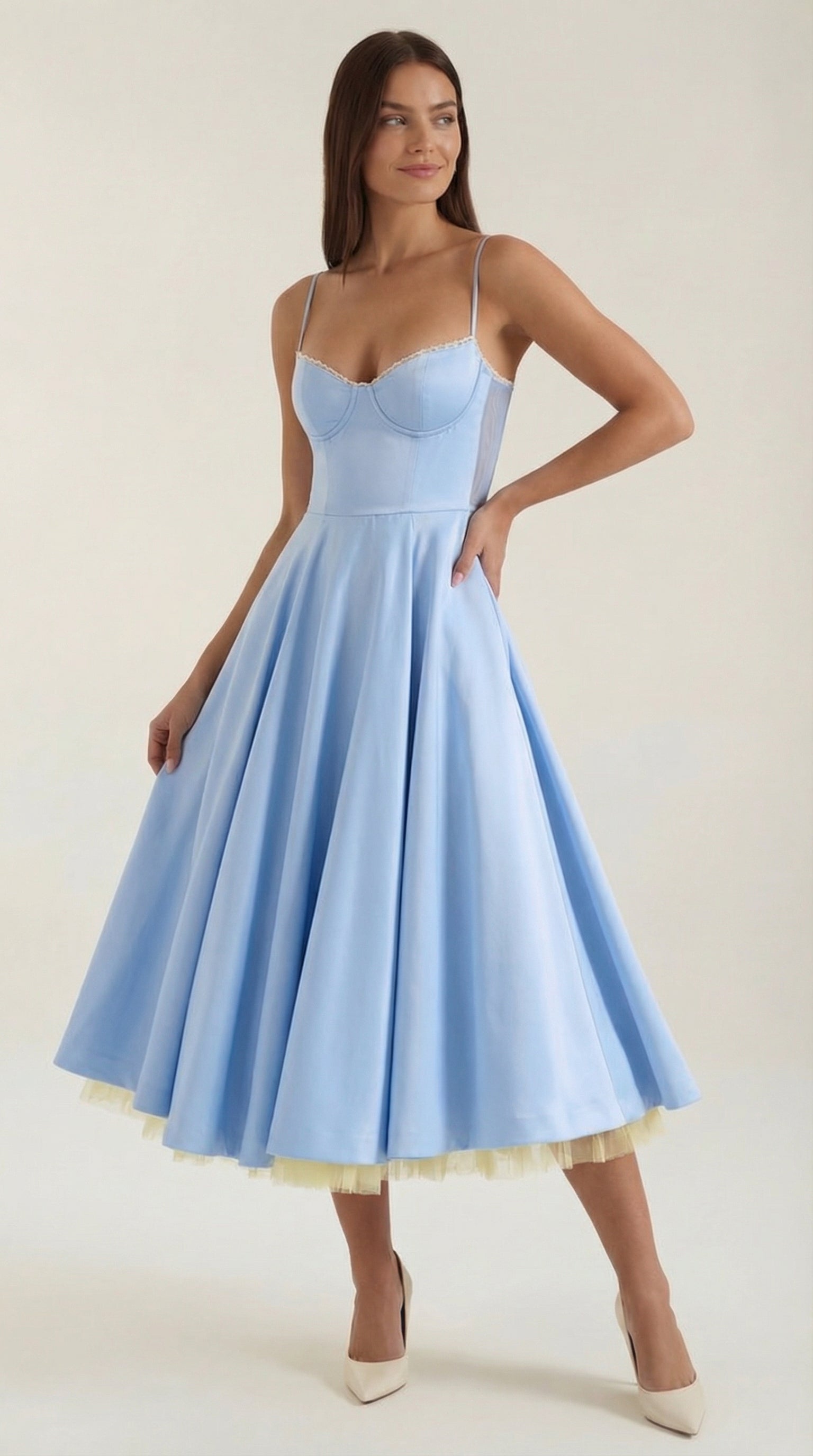 Midikleid Damen Herz-Ausschnitt Spaghettitraeger Anliegendes Oberteil
