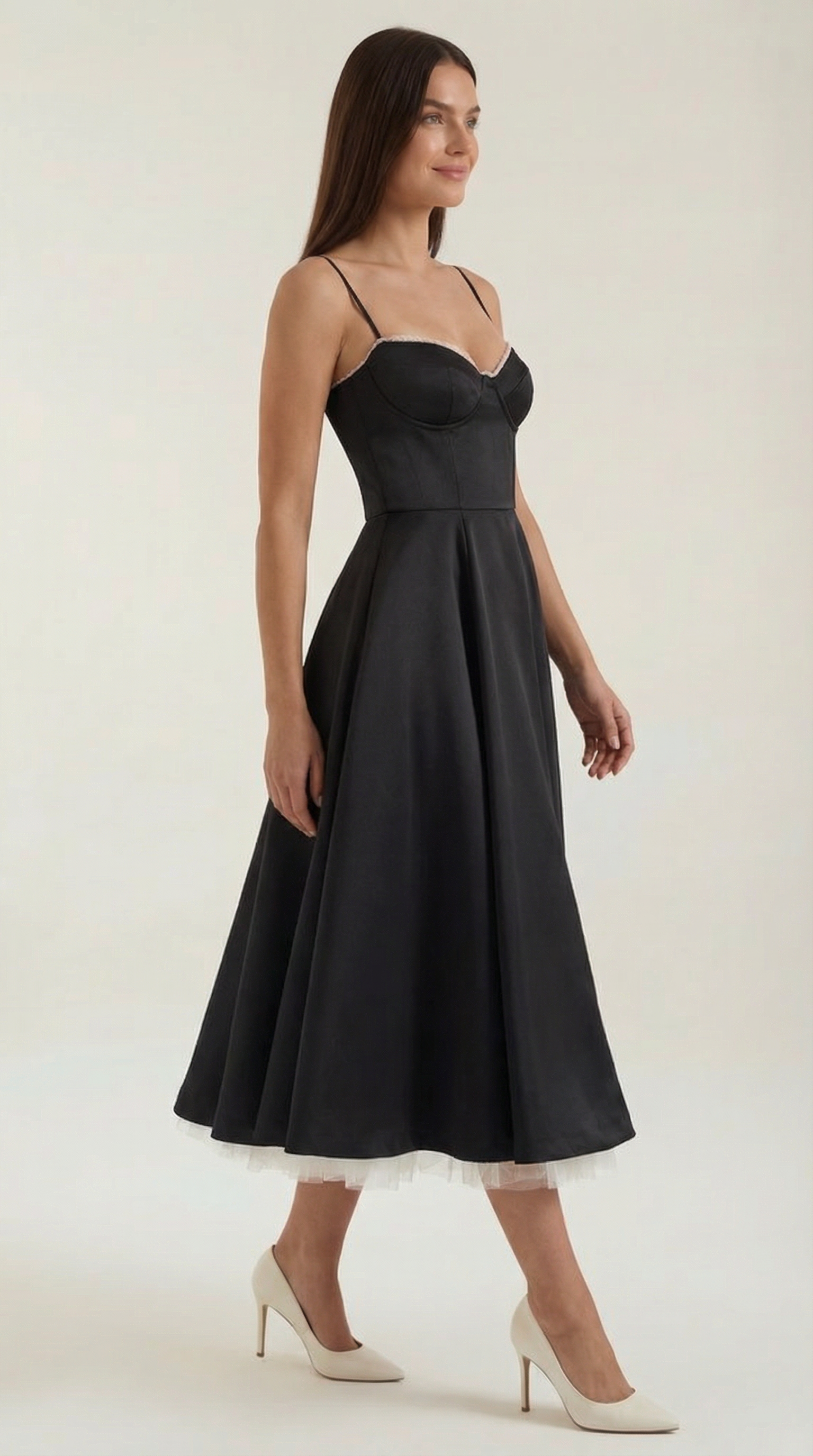Midikleid Damen Herz-Ausschnitt Spaghettitraeger Anliegendes Oberteil