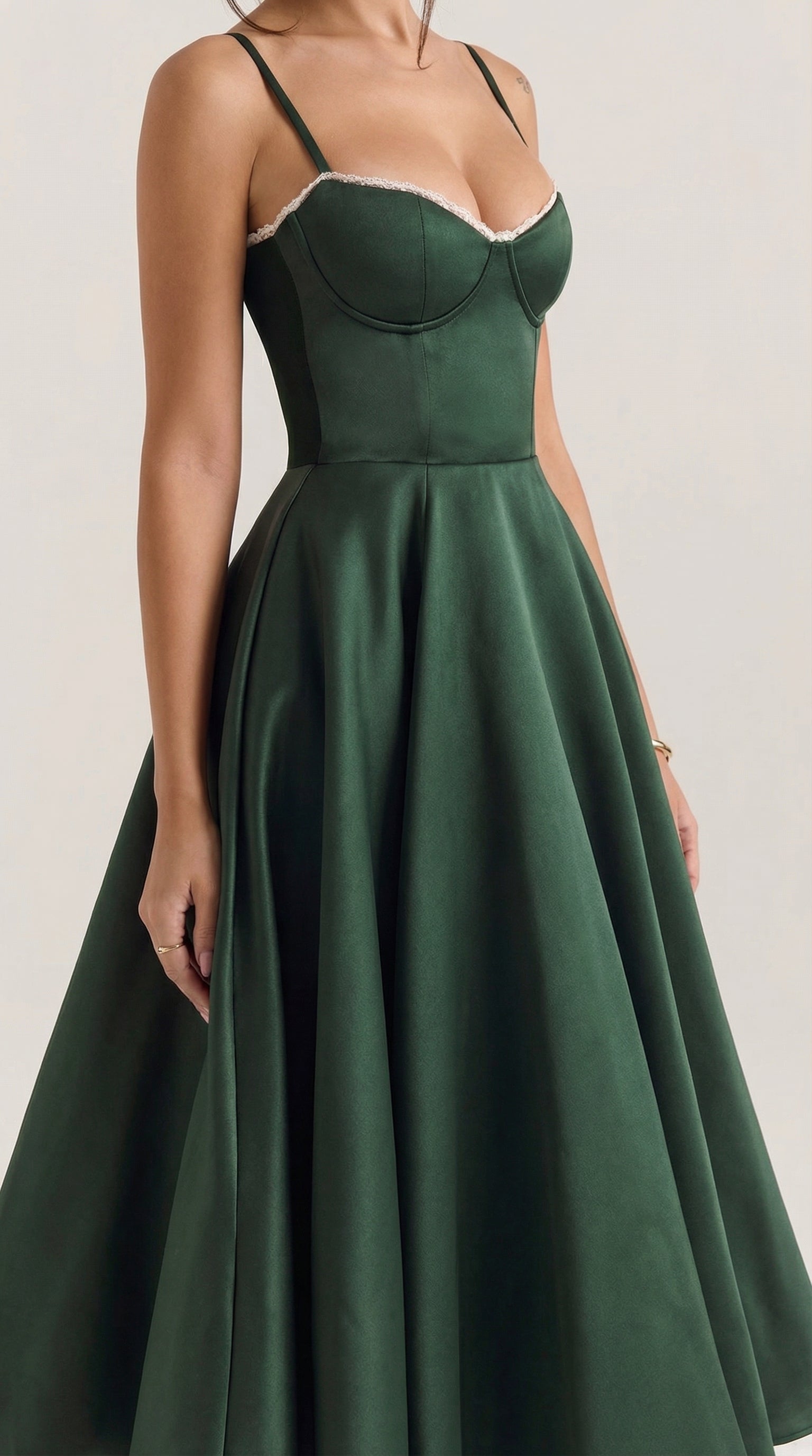 Midikleid Damen Herz-Ausschnitt Spaghettitraeger Anliegendes Oberteil