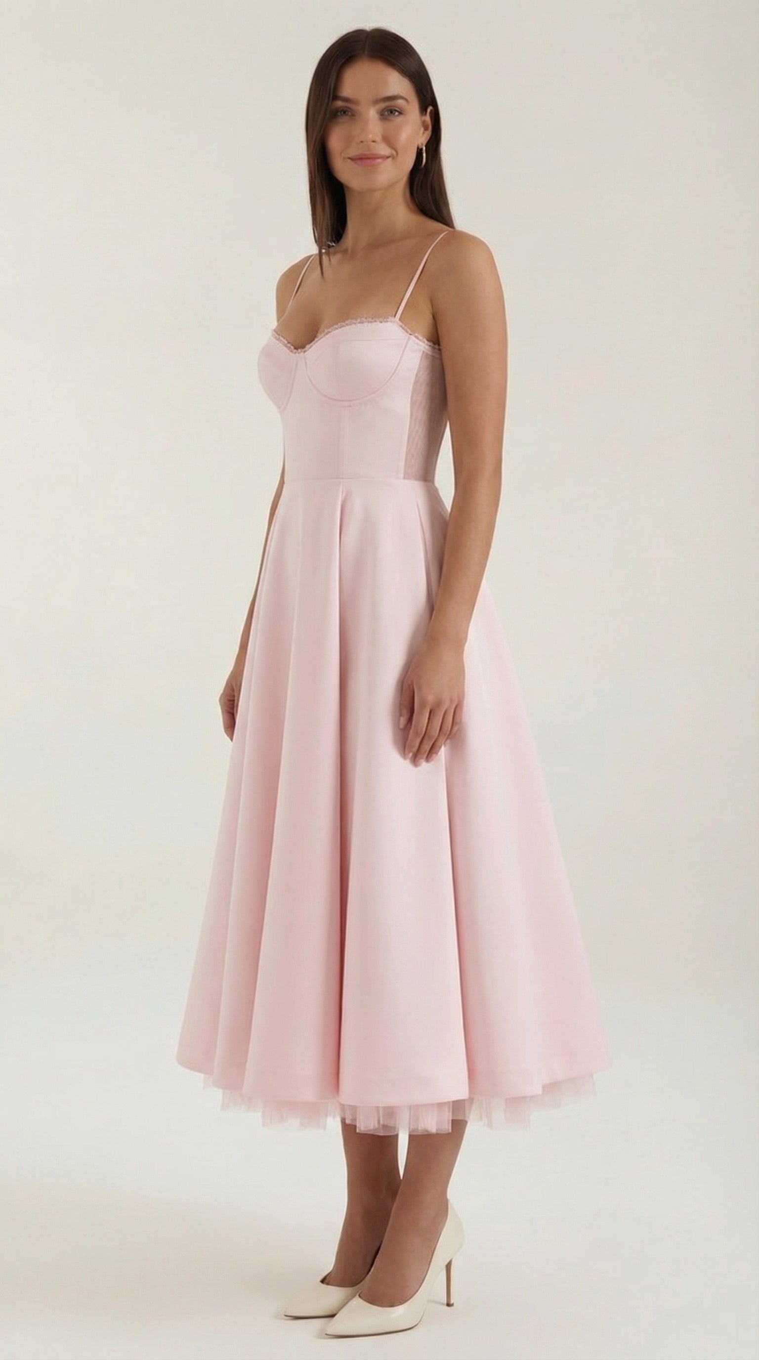 Midikleid Damen Herz-Ausschnitt Spaghettitraeger Anliegendes Oberteil