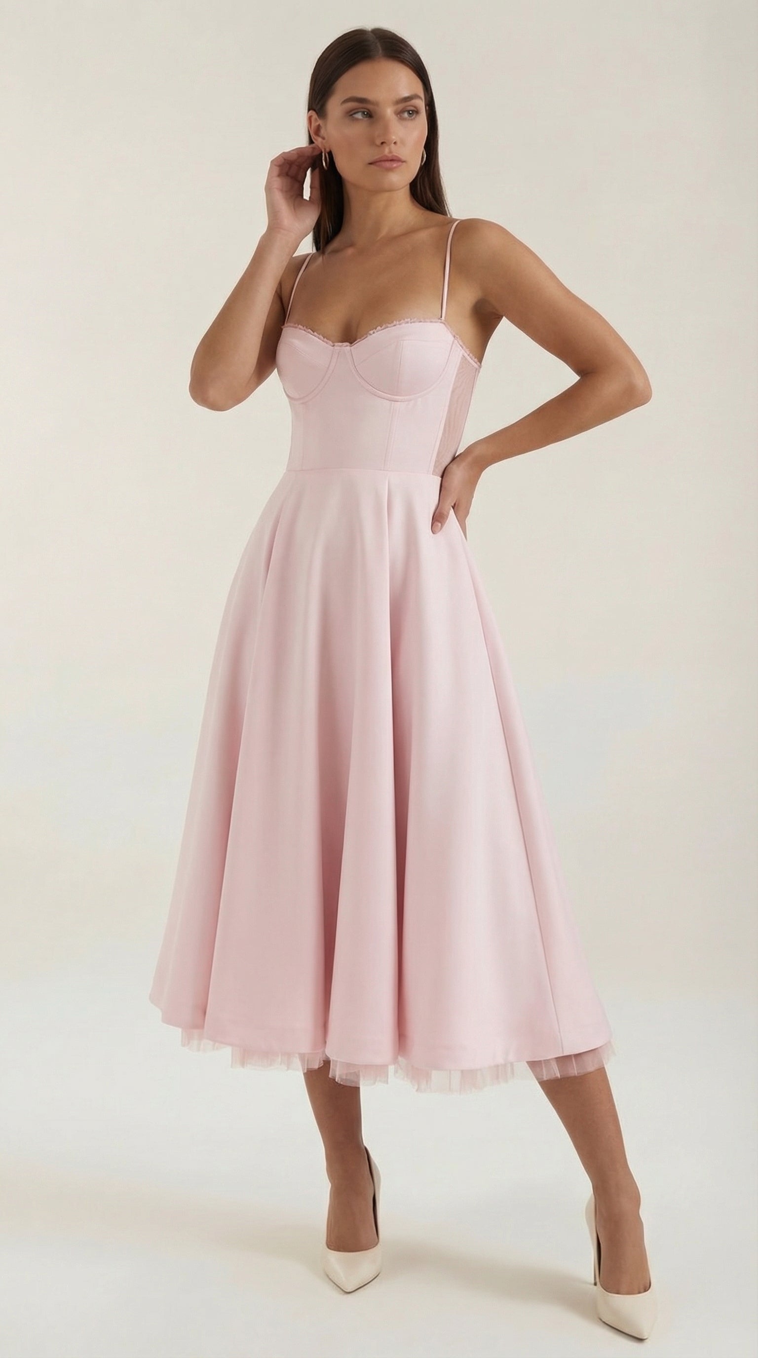 Midikleid Damen Herz-Ausschnitt Spaghettitraeger Anliegendes Oberteil