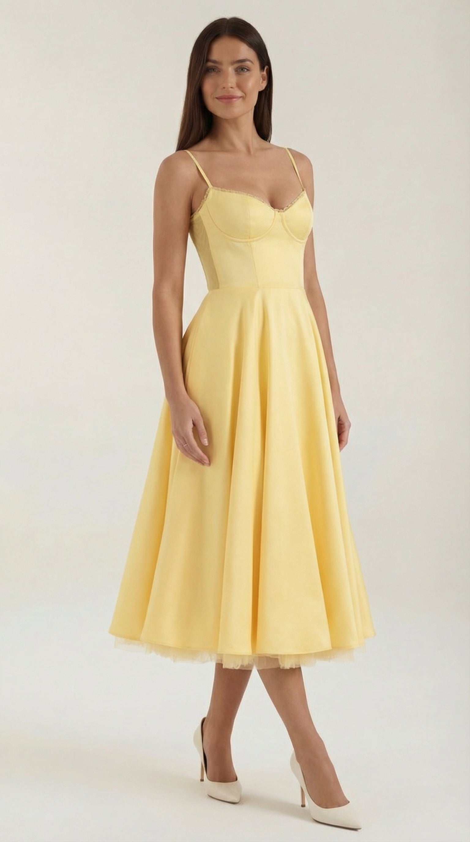 Midikleid Damen Herz-Ausschnitt Spaghettitraeger Anliegendes Oberteil