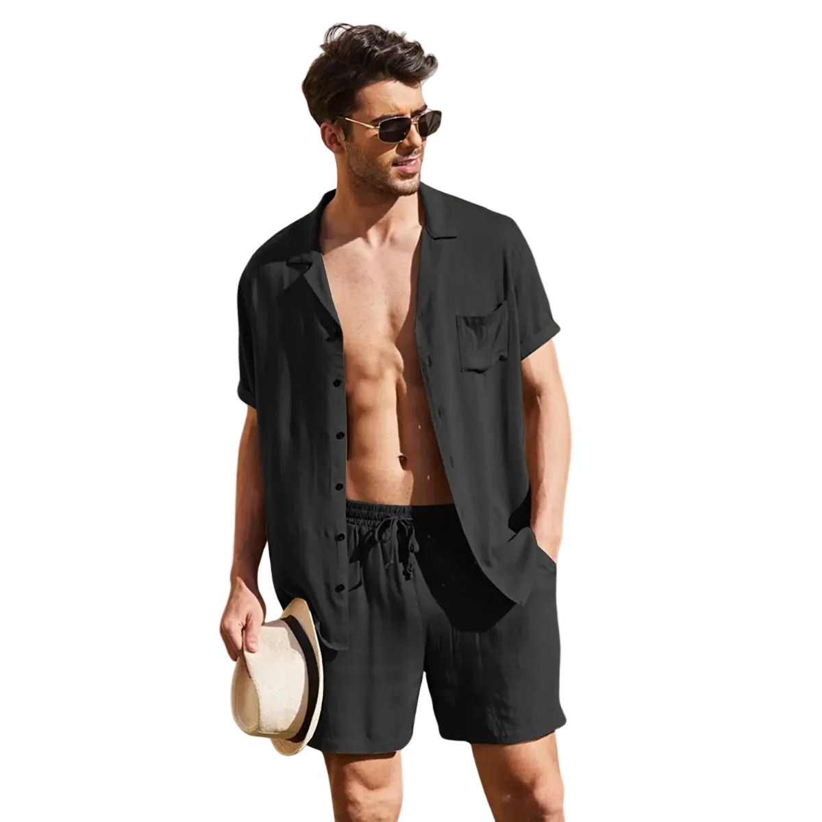 Set Herren Kurzarm Hemd Shorts Lockere Passform Knopfverschluss