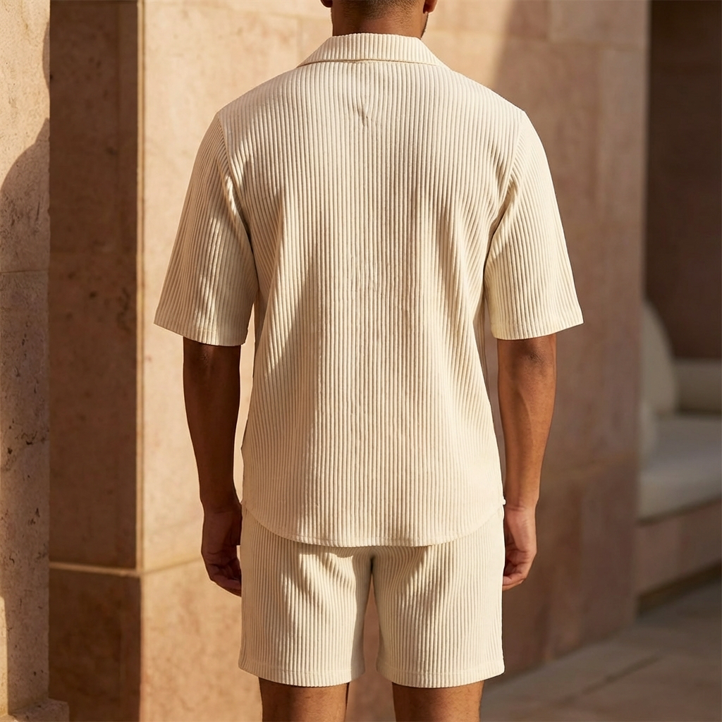 Zweiteiler Herren Kurzarm Oberteil Offener Kragen Hose Verstellbarer Bund