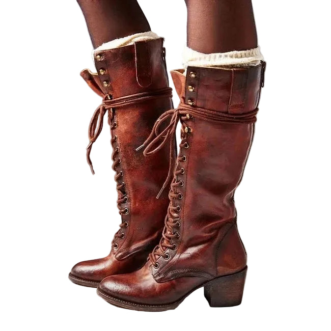 Kniehohe Stiefel Damen mit Schnürverschluss und fester Form