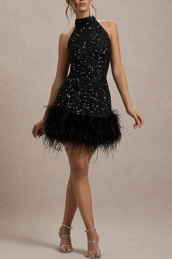 Kleid Damen ärmellos mit Nackenbindung kurzer Länge mit Pailletten