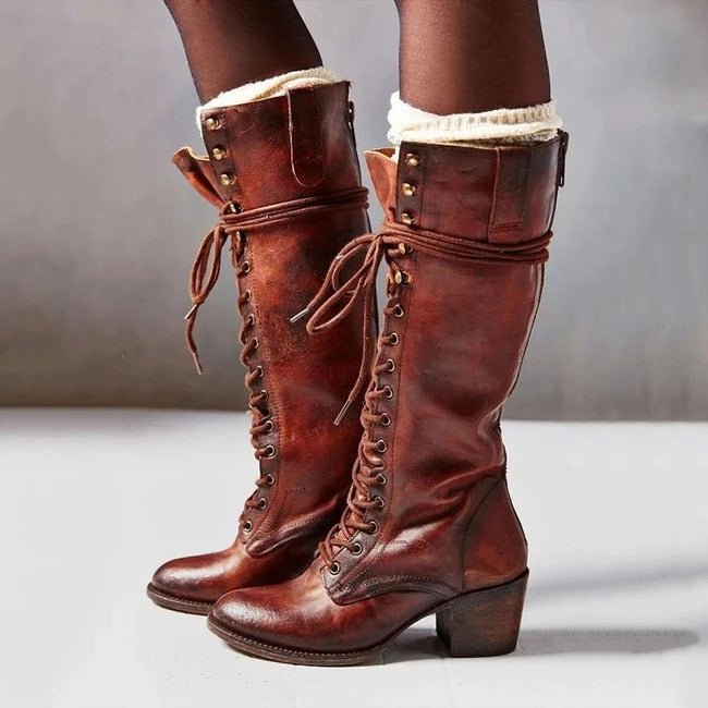 Kniehohe Stiefel Damen mit Schnürverschluss und fester Form