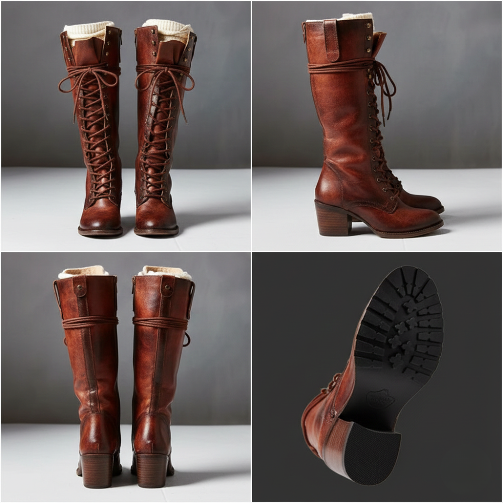 Kniehohe Stiefel Damen mit Schnürverschluss und fester Form