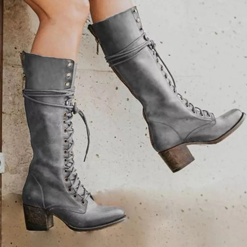 Kniehohe Stiefel Damen mit Schnürverschluss und fester Form
