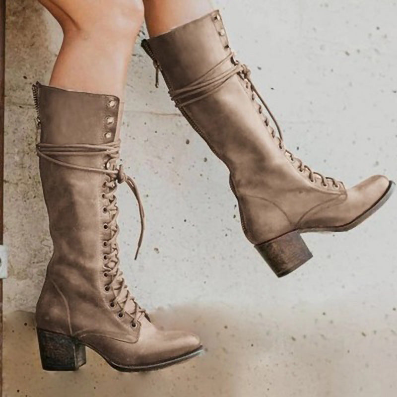 Kniehohe Stiefel Damen mit Schnürverschluss und fester Form