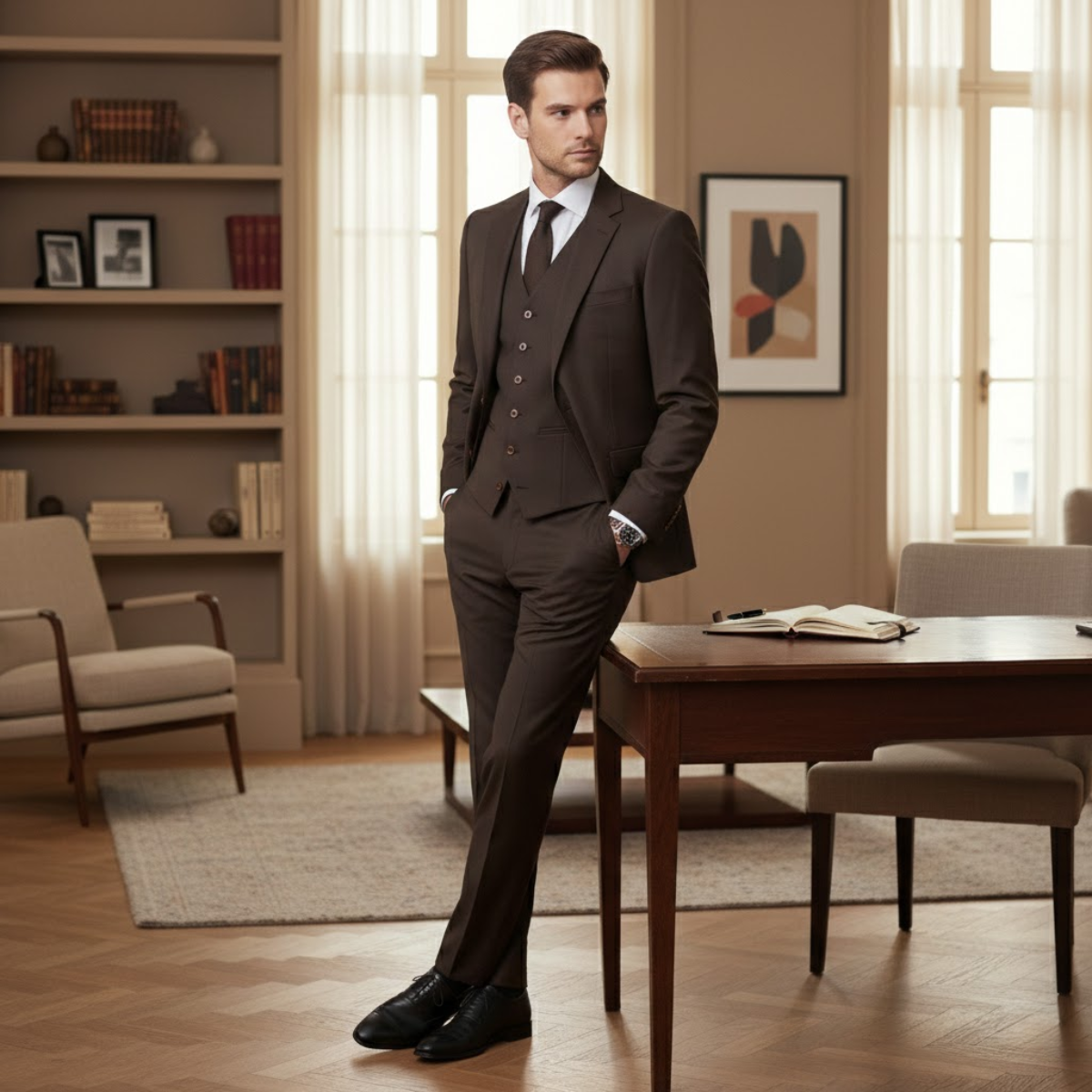 Anzug Herren Dreiteilig Schmale Passform Jacke Weste Hose