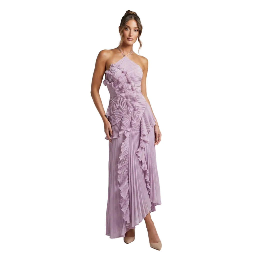 Damen Maxikleid Neckholder Faltenrock Eleganter Sommerstil