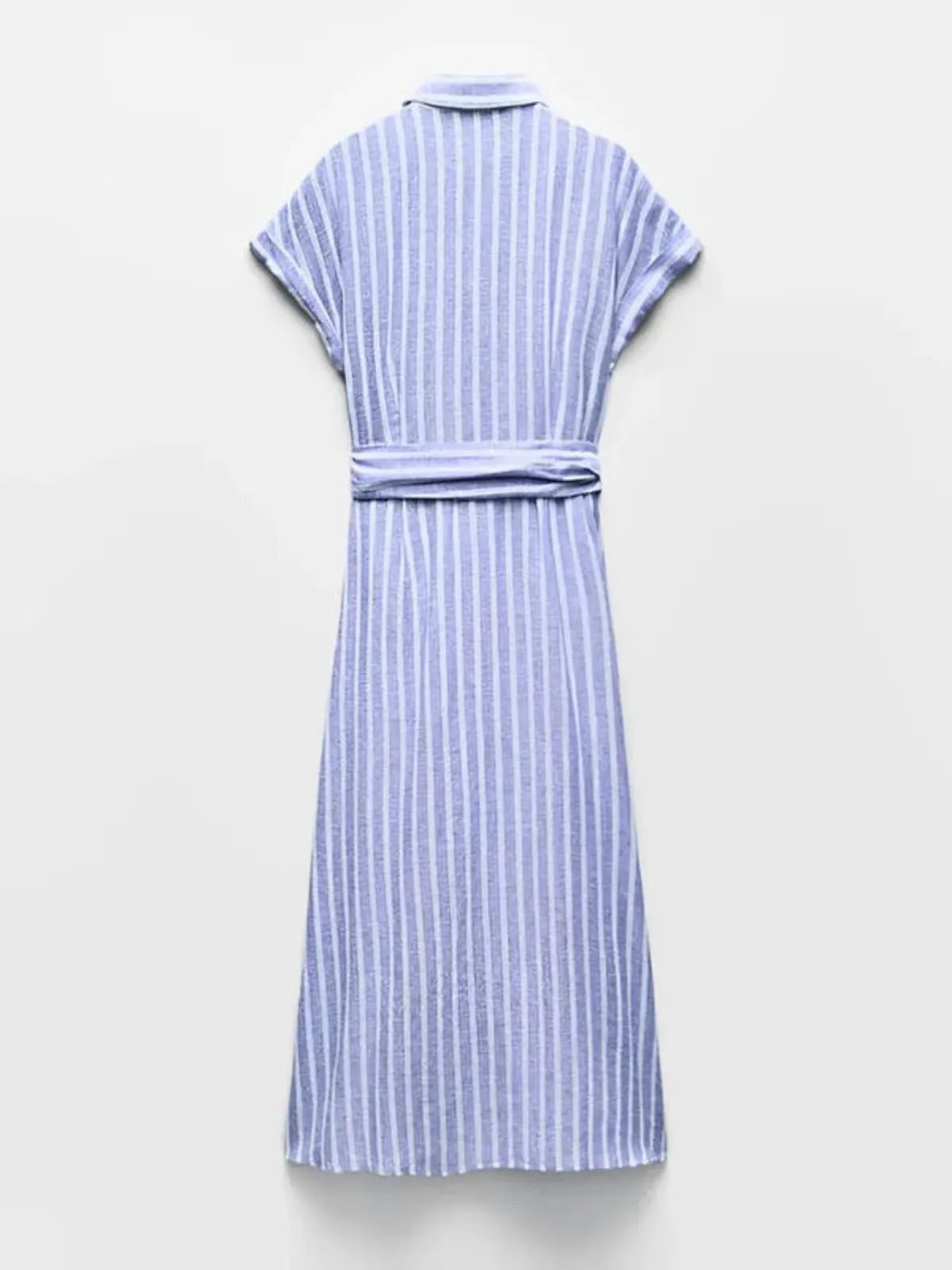 Damen Maxikleid Streifenmuster Kurzarm Knopfverschluss Bindeband