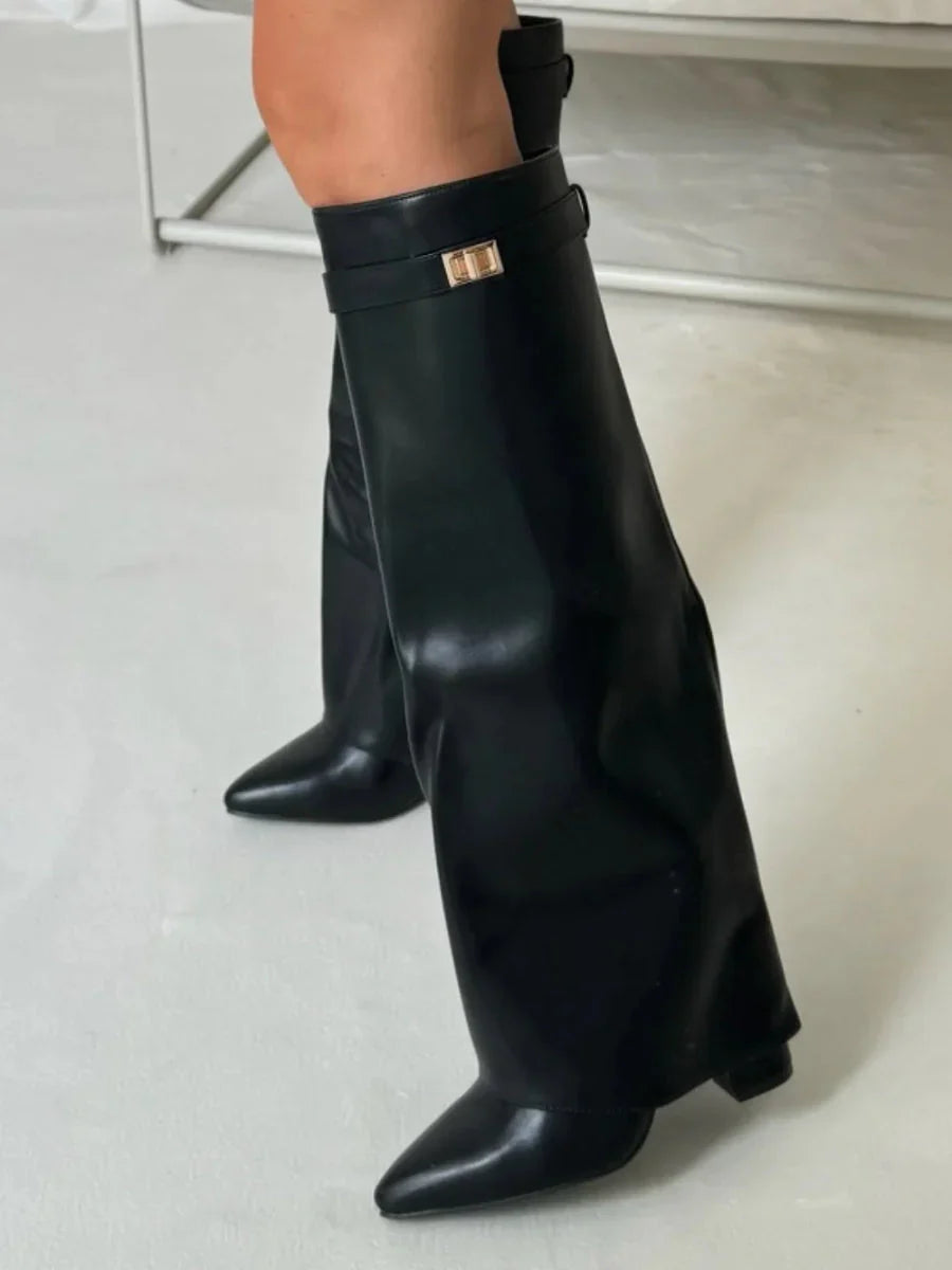Damenstiefel Damen Veloursoptik mit goldfarbenen Akzenten