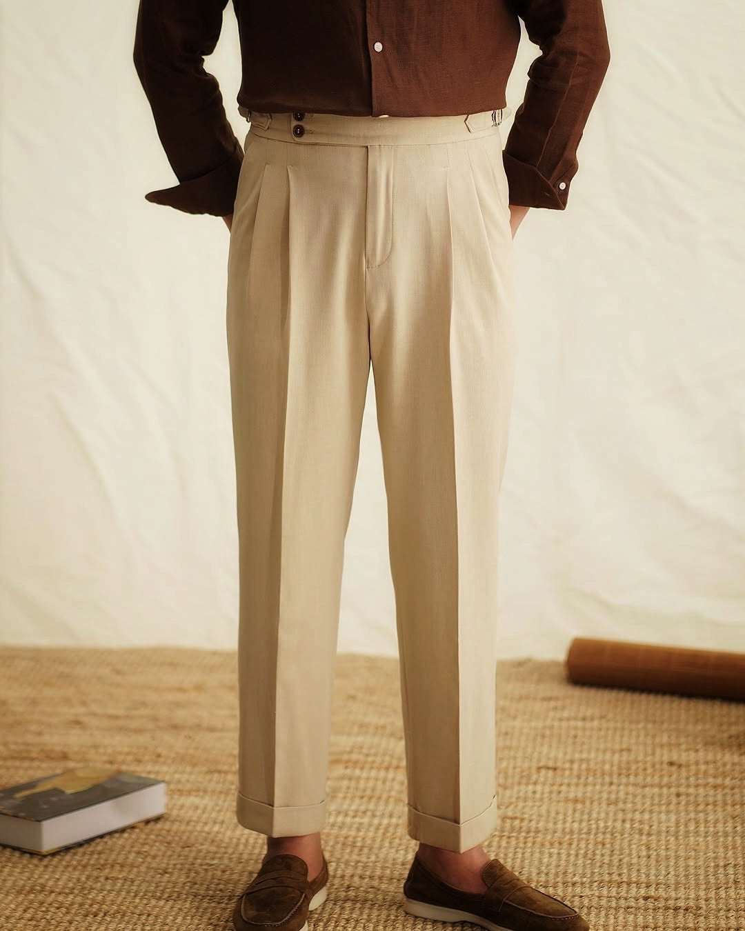 Hose Herren Hohe Taille Falten Schmaler Beinverlauf