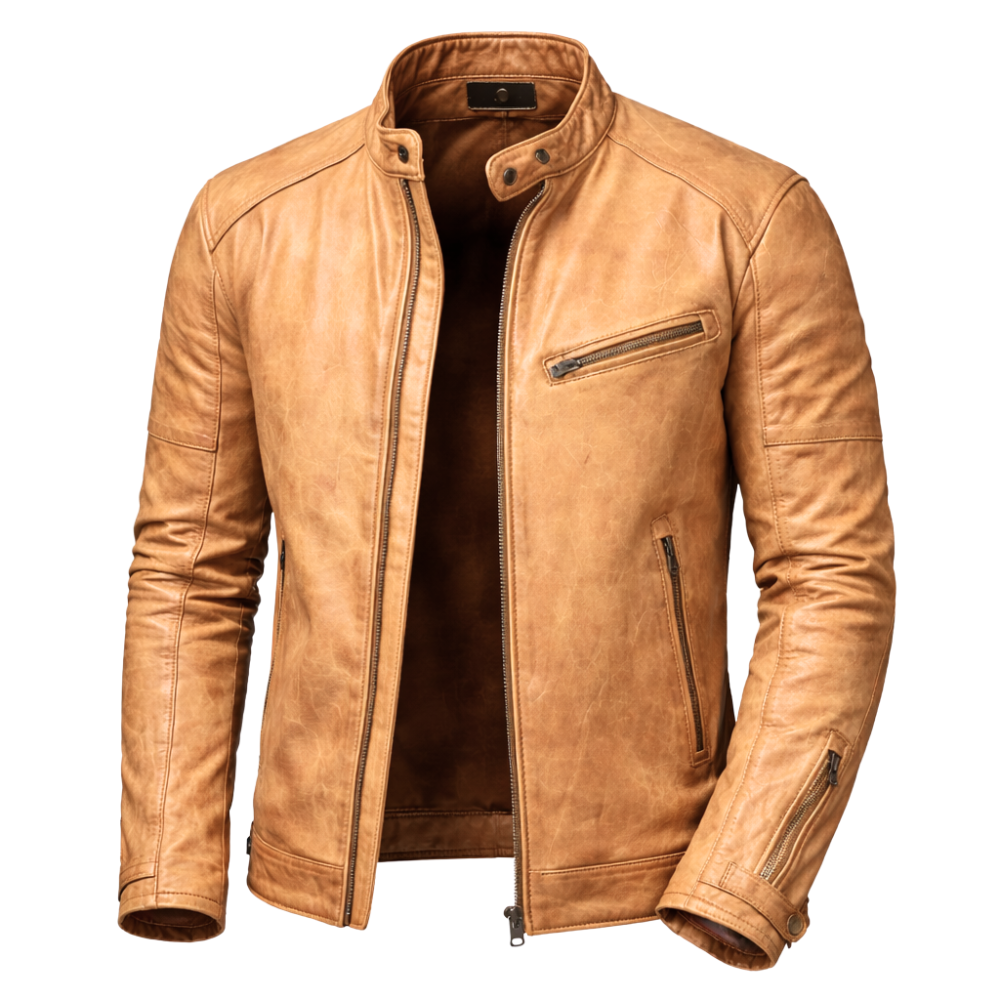 Herren Motorradjacke Schmal Geschnitten Mit Druckknopfkragen