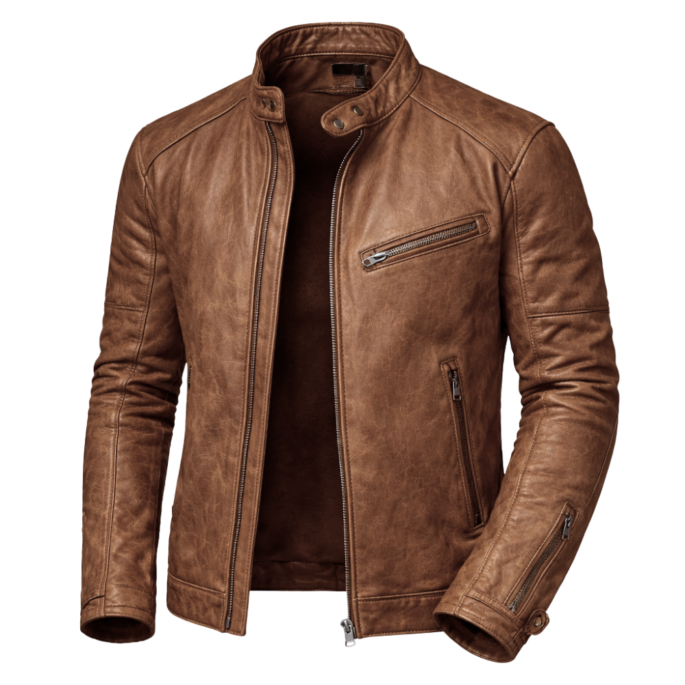 Herren Motorradjacke Schmal Geschnitten Mit Druckknopfkragen