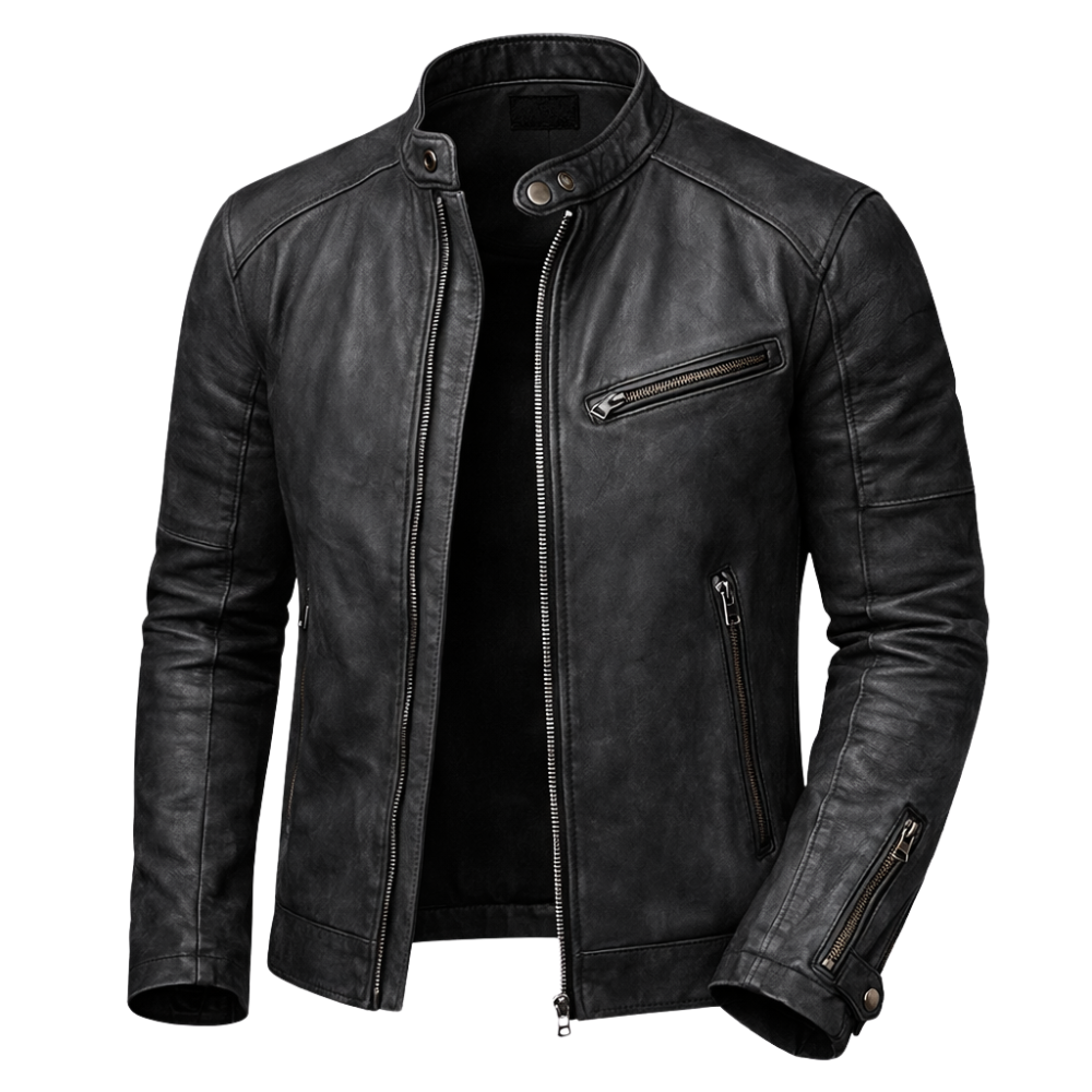 Herren Motorradjacke Schmal Geschnitten Mit Druckknopfkragen