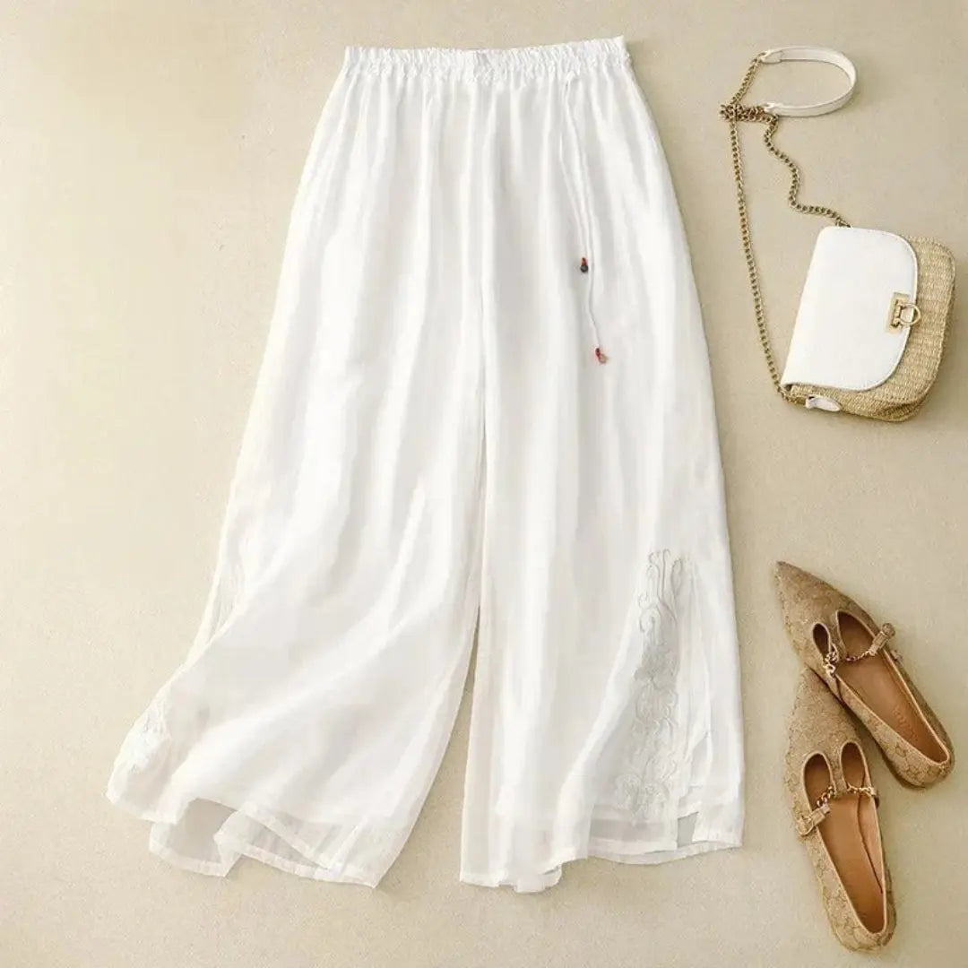 Hose Damen – Weites Bein, Stickerei & elastischer Kordelzug
