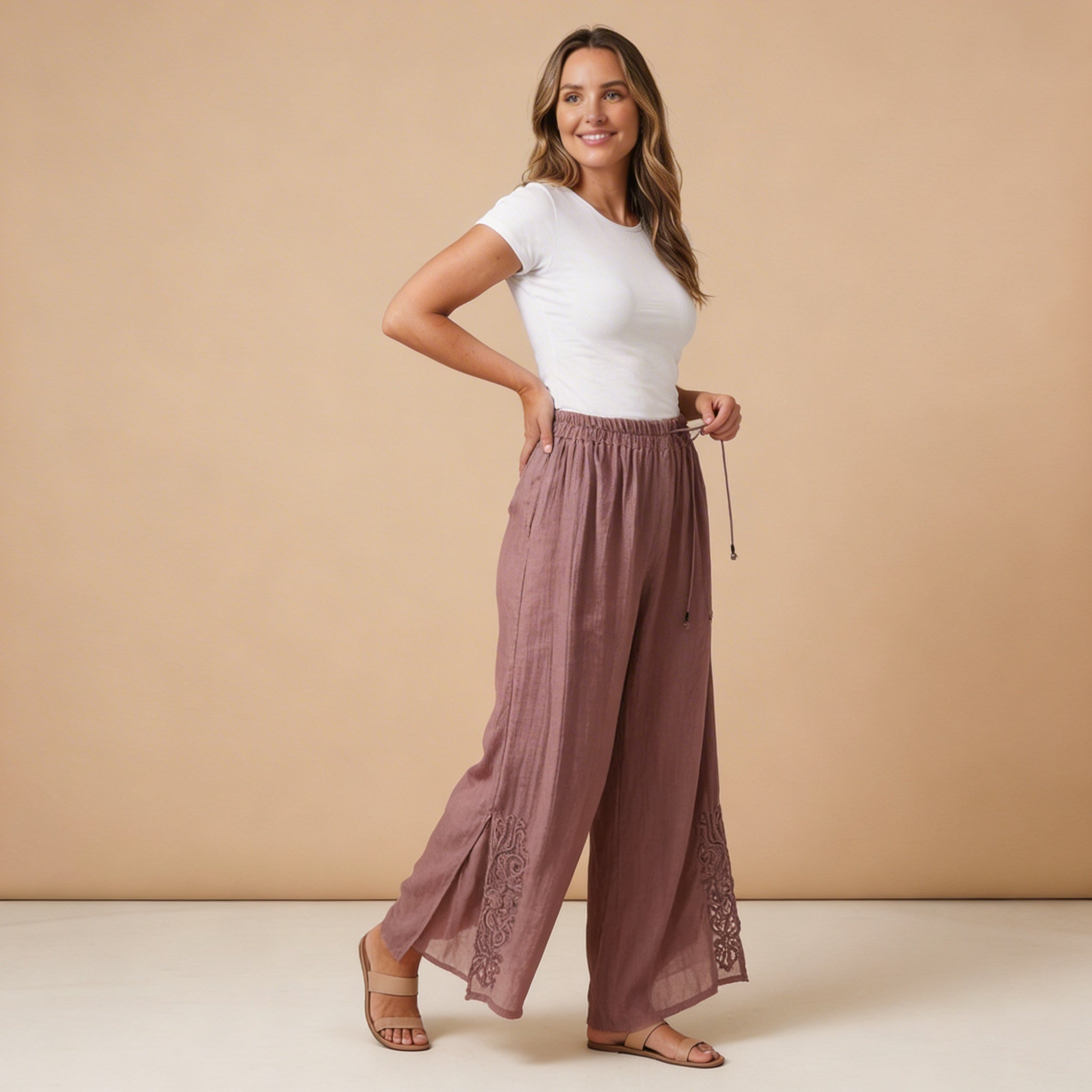 Hose Damen – Weites Bein, Stickerei & elastischer Kordelzug