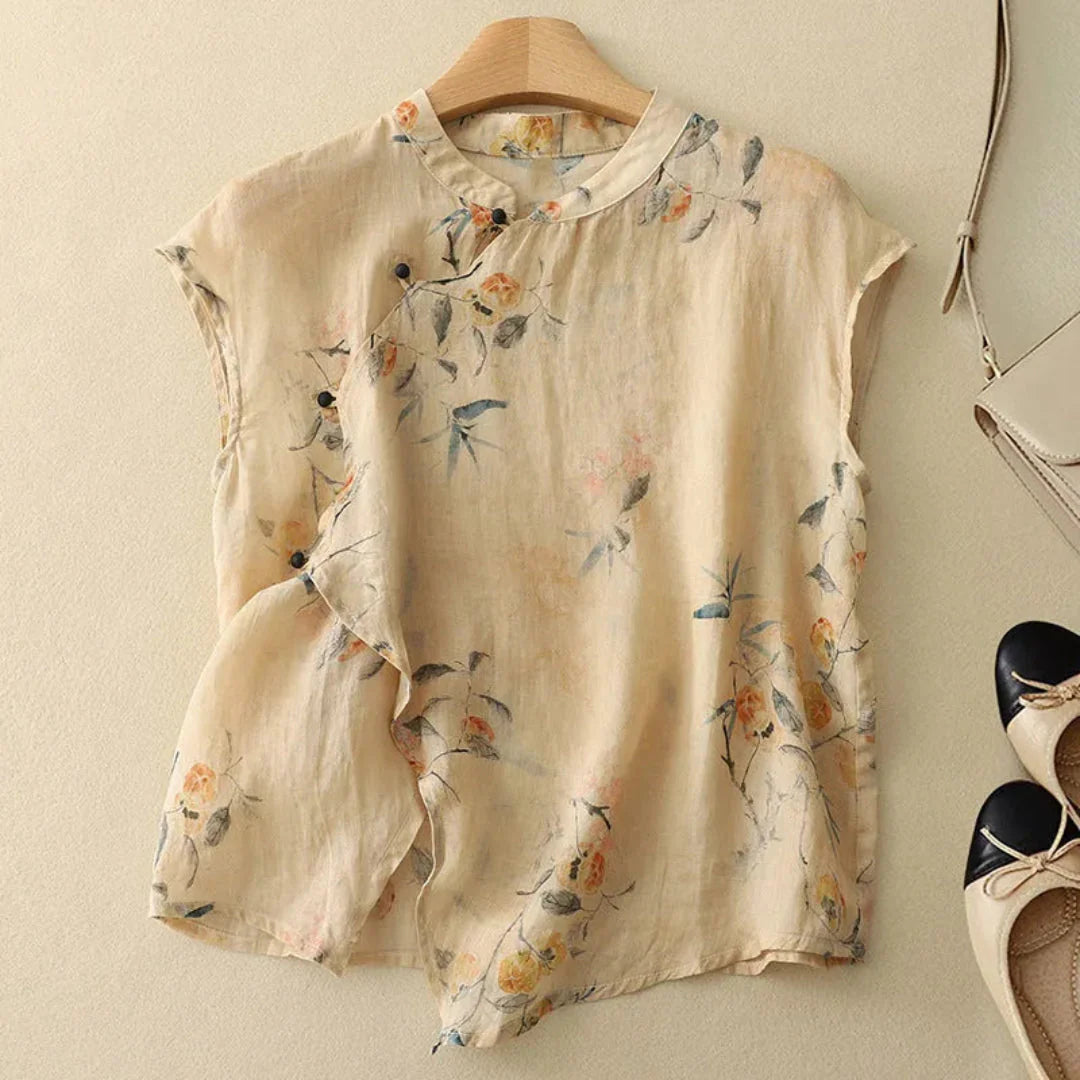 Damen Bluse Ärmellos Mandarin Kragen Geknöpft Leinen