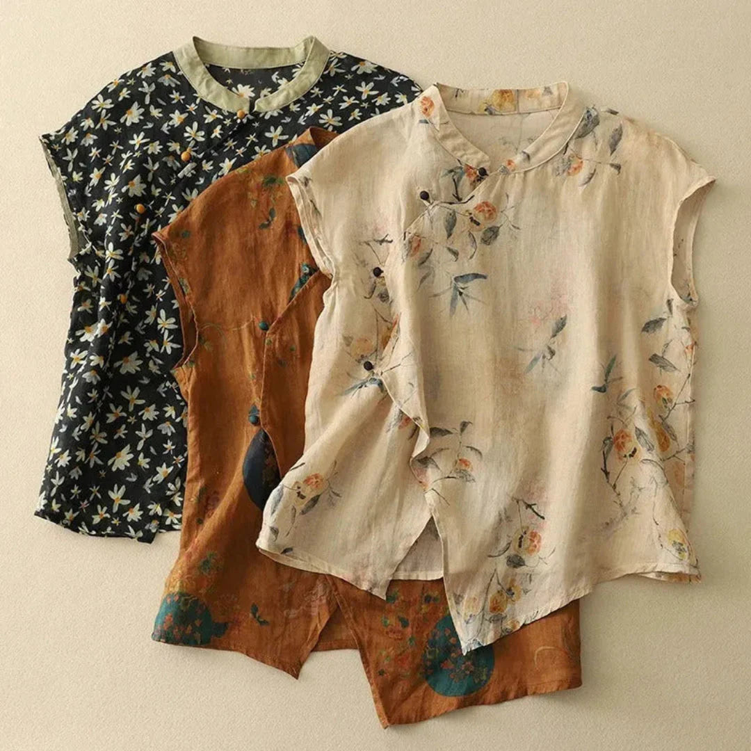 Damen Bluse Ärmellos Mandarin Kragen Geknöpft Leinen
