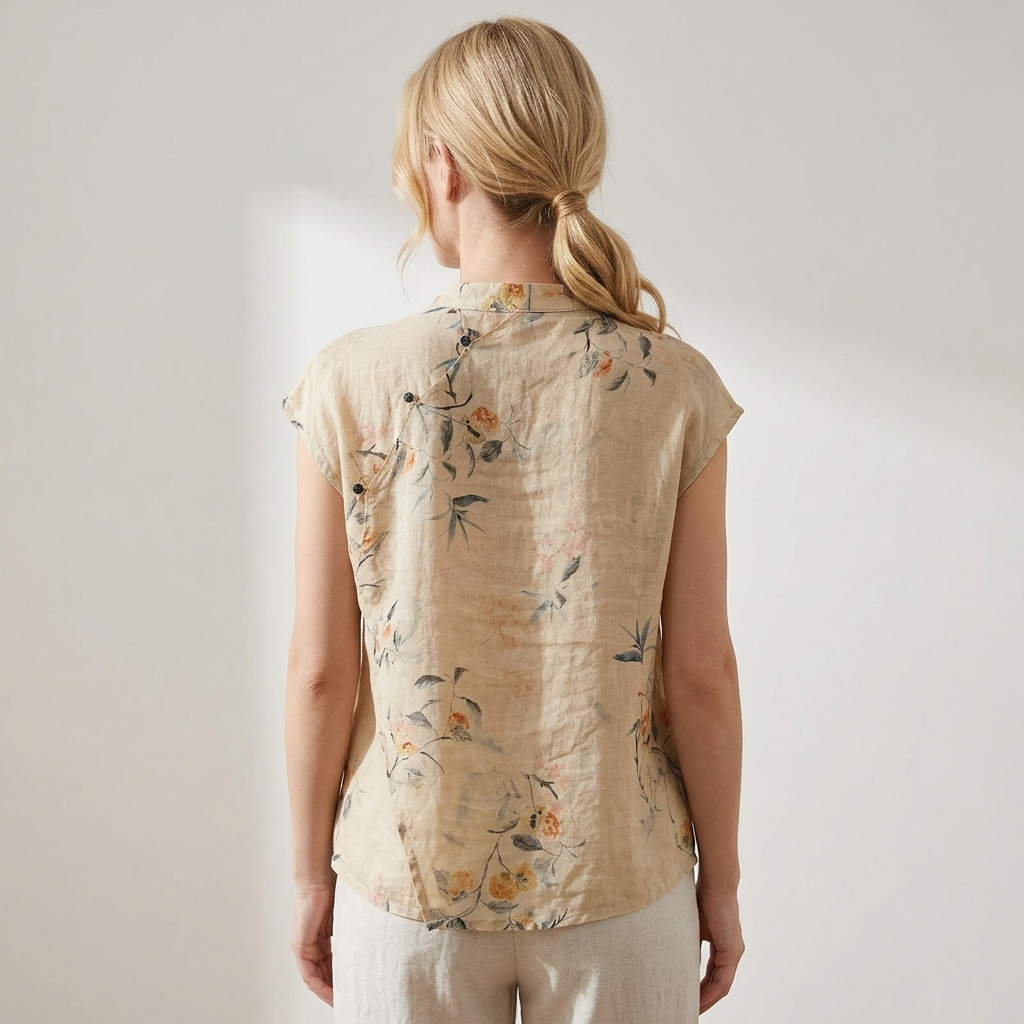 Damen Bluse Ärmellos Mandarin Kragen Geknöpft Leinen