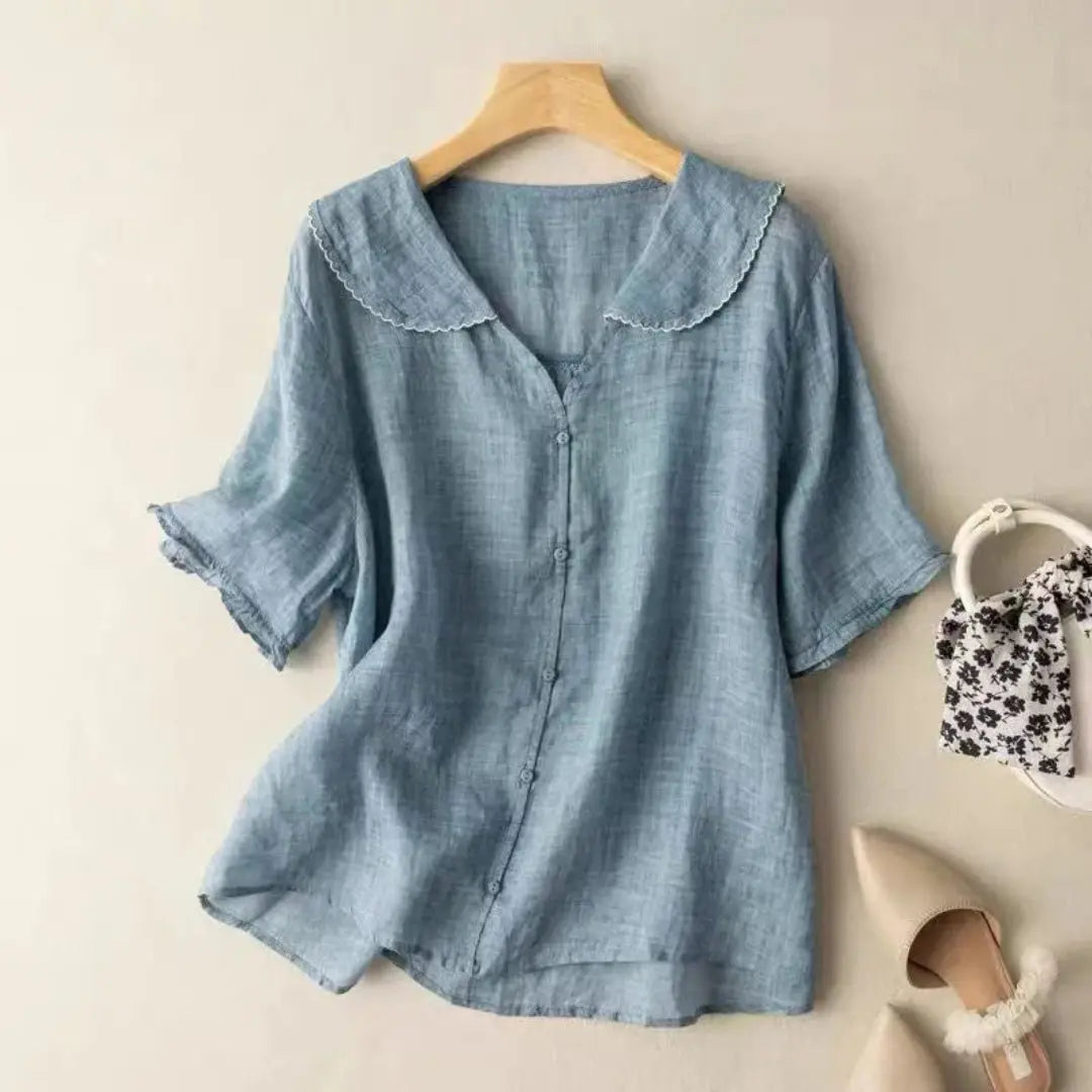 Damen Bluse Lockerer V-Ausschnitt Muschelsaum Leinen