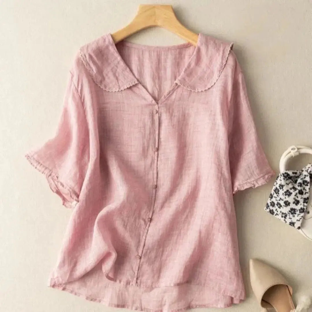 Damen Bluse Lockerer V-Ausschnitt Muschelsaum Leinen