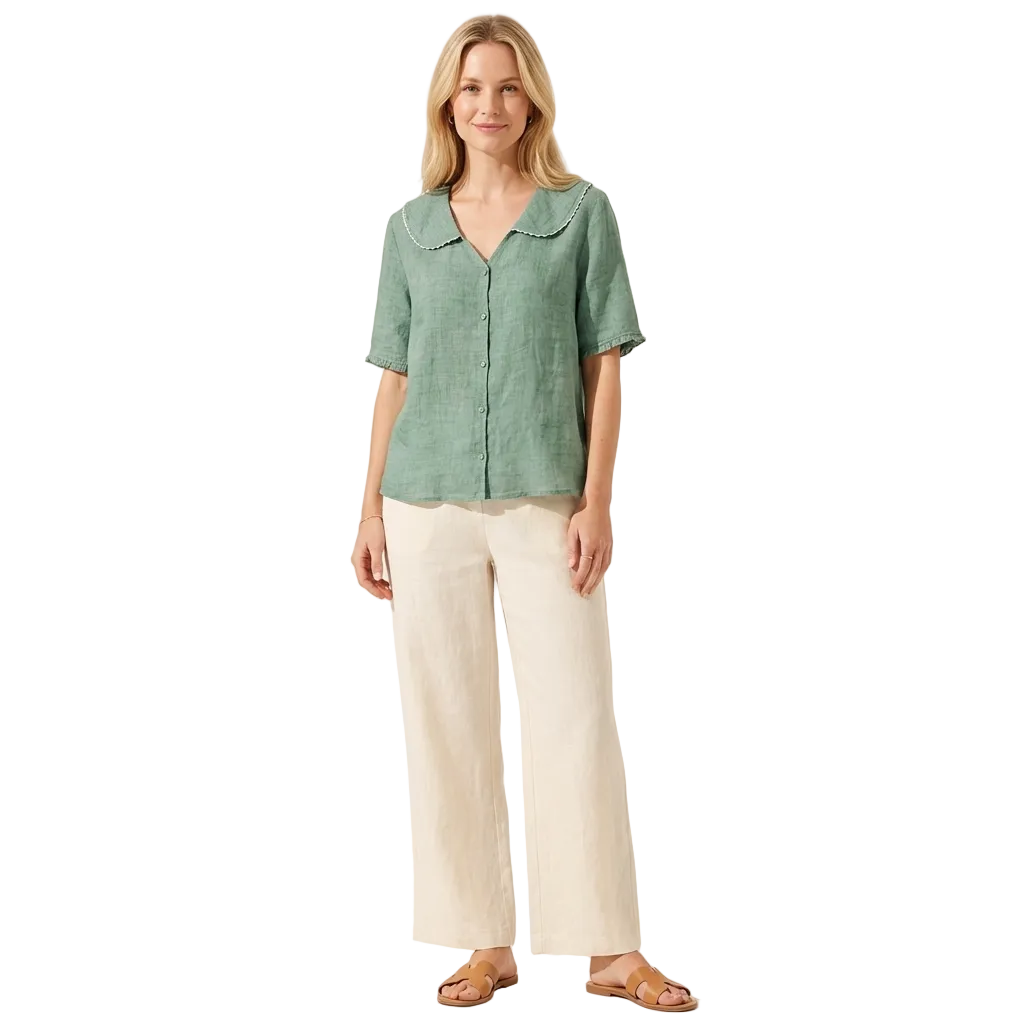 Damen Bluse Lockerer V-Ausschnitt Muschelsaum Leinen