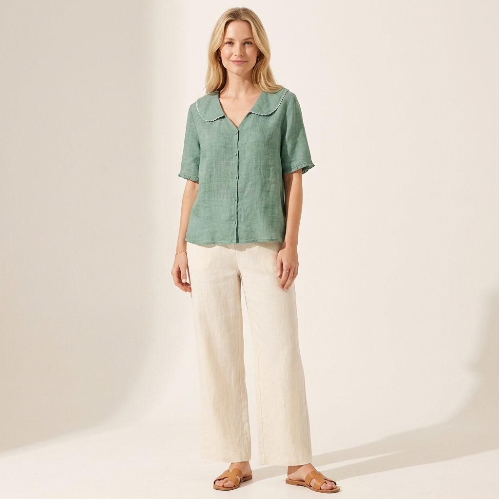 Damen Bluse Lockerer V-Ausschnitt Muschelsaum Leinen