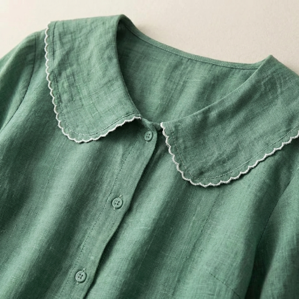Damen Bluse Lockerer V-Ausschnitt Muschelsaum Leinen