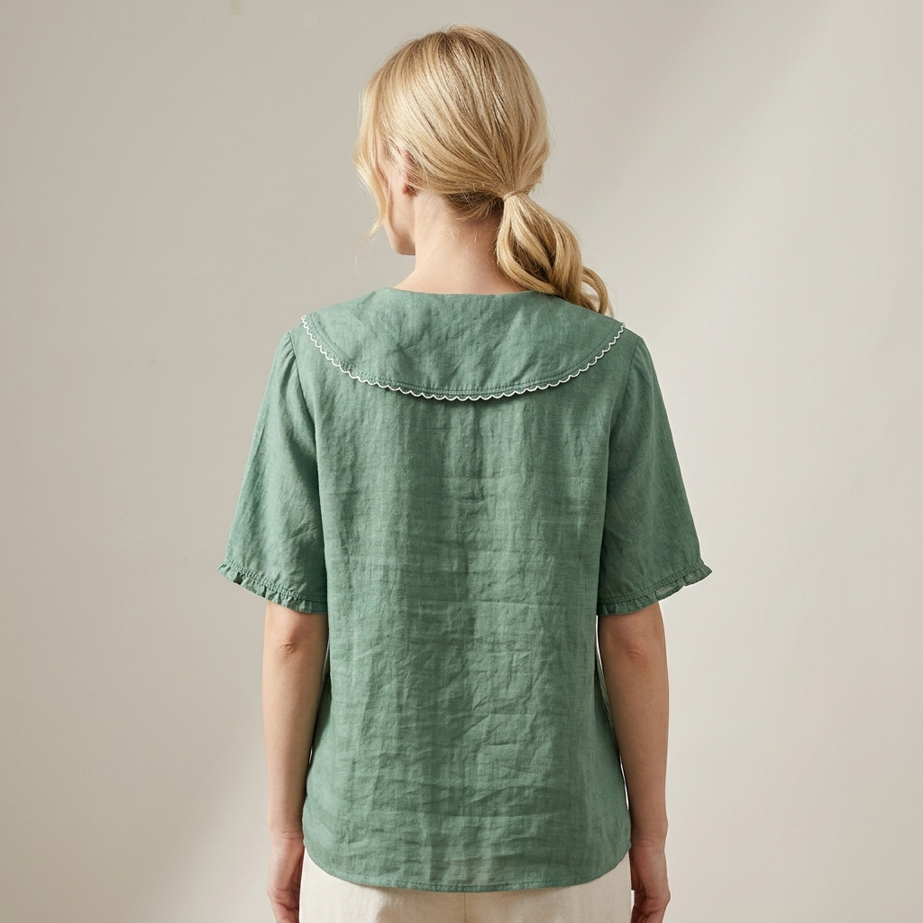 Damen Bluse Lockerer V-Ausschnitt Muschelsaum Leinen